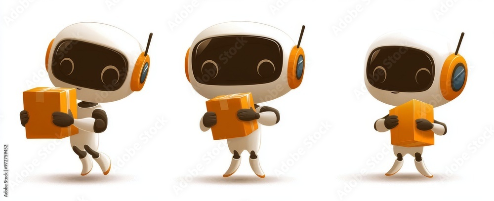 Poster modern robot set design with helmets and boxes for ai delivery robots collection in standing and hol