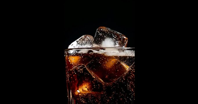 Close up of fizzy soda with ice cubes in a glass, drinks advertising.