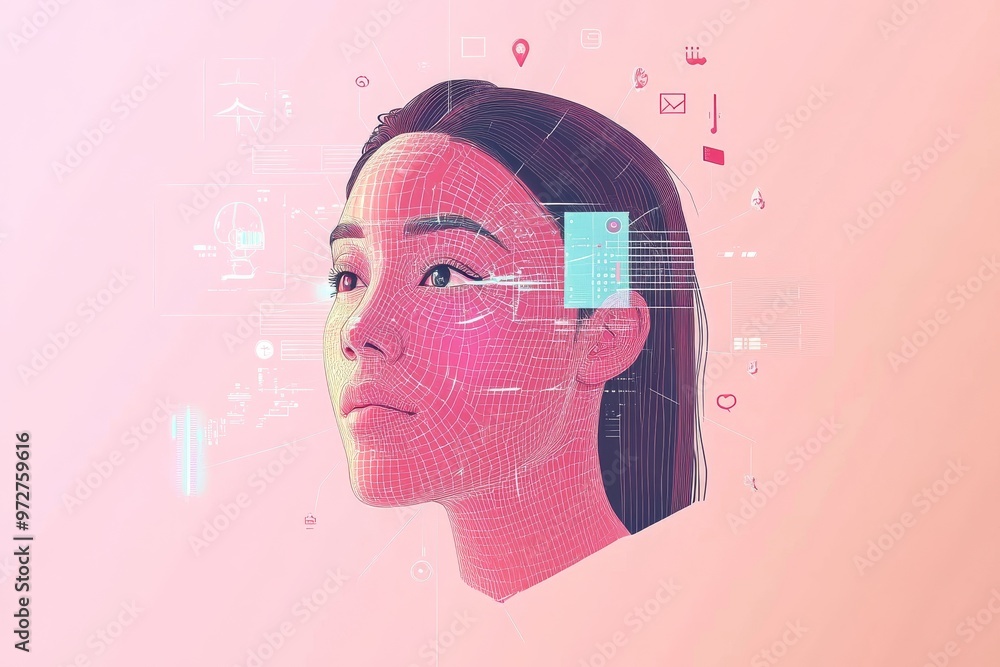 Poster web concept with biometrics control in 3d isometric design. woman uses face recognition and fingerpr