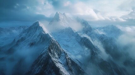 Aerial view of a dramatic mountain range, with jagged peaks dusted with snow and misty clouds swirling around the summits. 4K hyperrealistic photo.