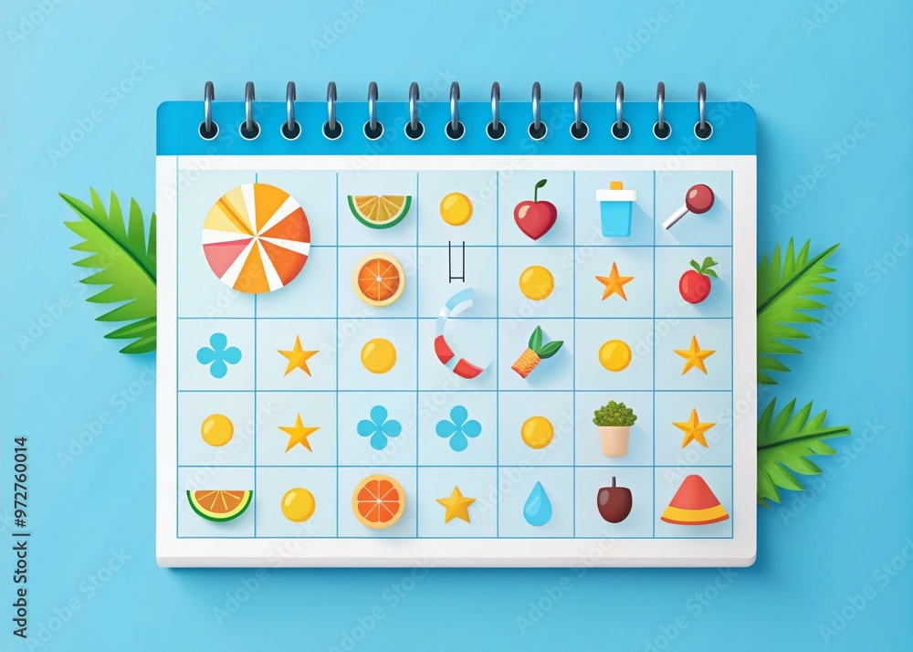 Wall mural Vibrant illustration of a June calendar page against a soft blue background, with colorful icons and patterns