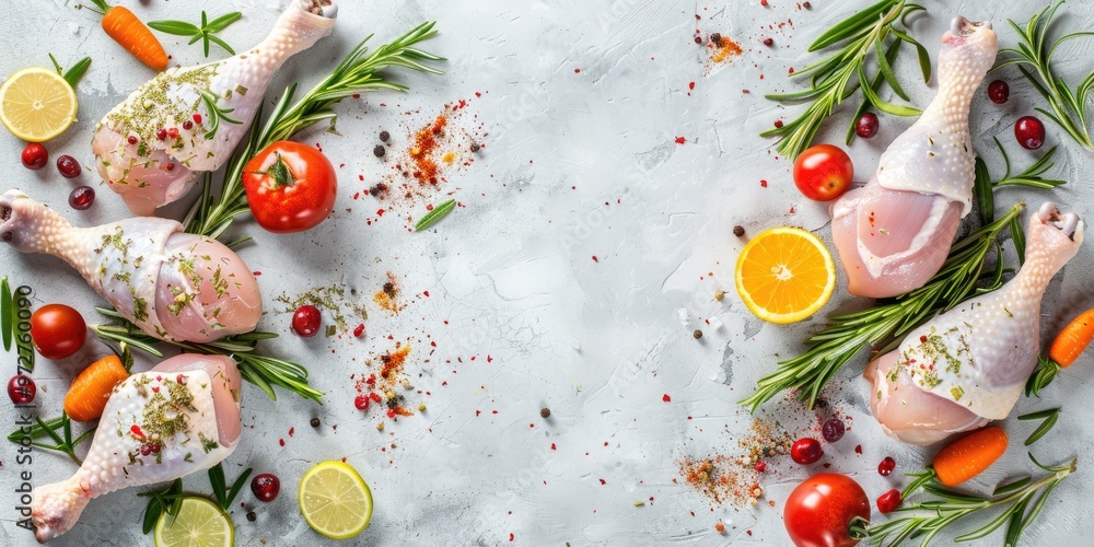 Poster overhead view of seasoned chicken drumsticks with rosemary and vegetables, featuring empty space for