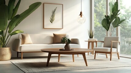 Fototapeta premium A Mid-Century Modern coffee table in a minimalist living room, with clean lines and geometric shapes