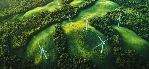 windmills in a green field, aerial view. copy space. green ecology landscape background