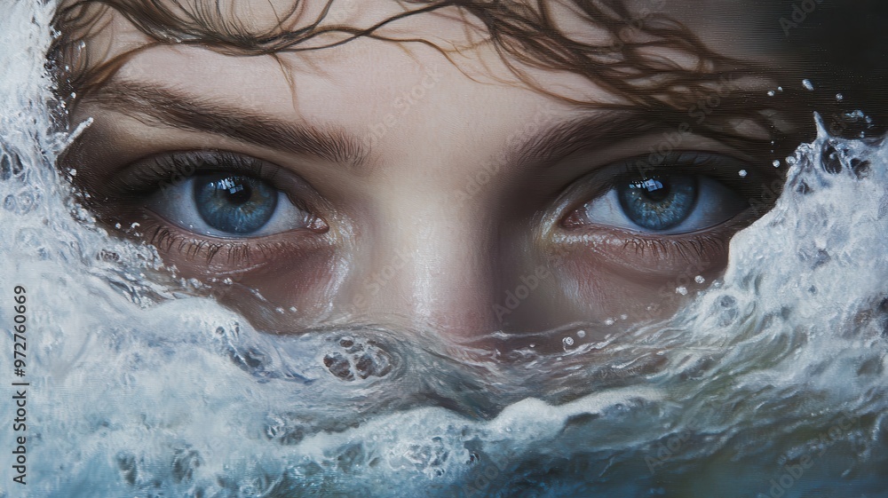 Wall mural mesmerizing close-up of blue eyes emerging from water with intricate details and realistic texture