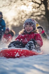 Young child in a red coat and hat sledding down a snowy hill, joyfully enjoying a winter day.