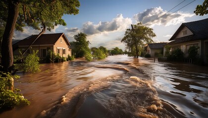 Flooded village with floods from heavy rains