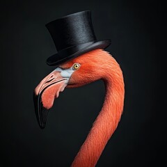 Dressed up flamingo against dark background. Stock photo