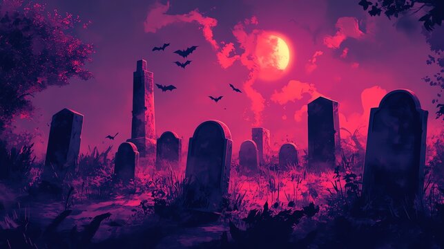 Sunset over a spooky graver with purple hues painting the sky as buildings cast long shadows