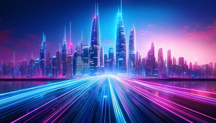 Fototapeta premium futuristic cityscape at night with neon accents and glowing reflections