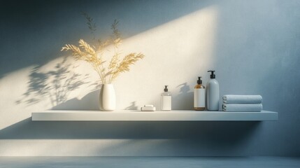 A minimalist, floating shelf in a modern bathroom, holding toiletries and decorative items