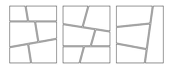 Fototapeta premium Set of collage grid manga comic storyboard layout panel blank template. Empty page frame for comic book, photo collage, poster, flyer. Vector illustration