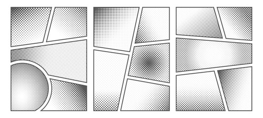 Set of white and black halftone comic manga book template screentone page. Pop art halftone frame background with dot effects. Vector cartoon illustration
