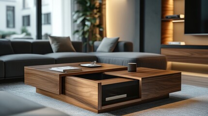 A multifunctional wooden coffee table with hidden storage compartments, placed in a modern apartment living room with stylish decor