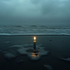 Fototapeta premium 47. A solitary candle flickering in the wind on a desolate beach, [fragility], [the endurance of hope amidst despair]
