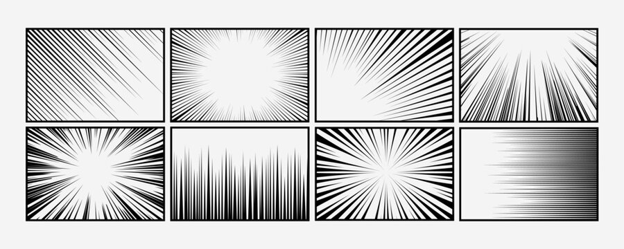 Set of manga comic motion speed line, zoom and motion effects background. Anime radial light flash explosion black frame template vector illustration.