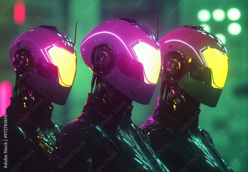 Poster a reunion of a men's squad in a cyberpunk city. concept of sci-fi and futuristics.