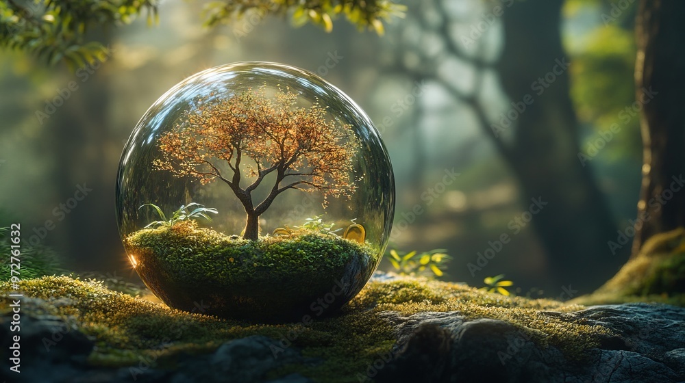 Aufkleber a captivating image showing a delicate ecosystem within a transparent sphere, set against a lush for