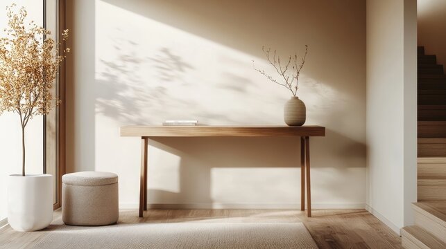 A narrow console desk with a modern design, tucked neatly into a compact entryway with subtle, minimalist decor