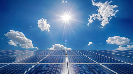 Solar panel with sun rays and blue sky, clean energy in nature, vibrant and clear