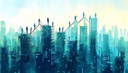 Ascending the Skyscraper of Success - Business Professionals Climbing Ladder in Urban Cityscape | Copy Space for Motivational Content