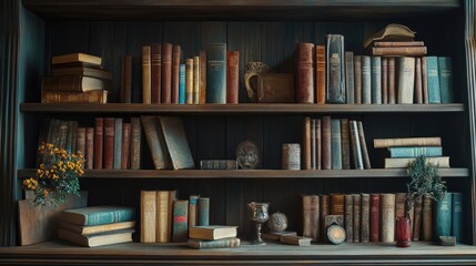 A rustic wooden bookshelf filled with classic novels and antique trinkets