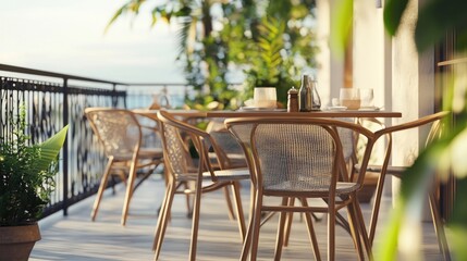 Fototapeta premium A set of lightweight, stackable chairs on a balcony, perfect for outdoor dining