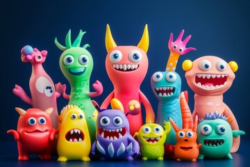 Cartoon character cute monster group on blue background, image generated by AI at midjourney