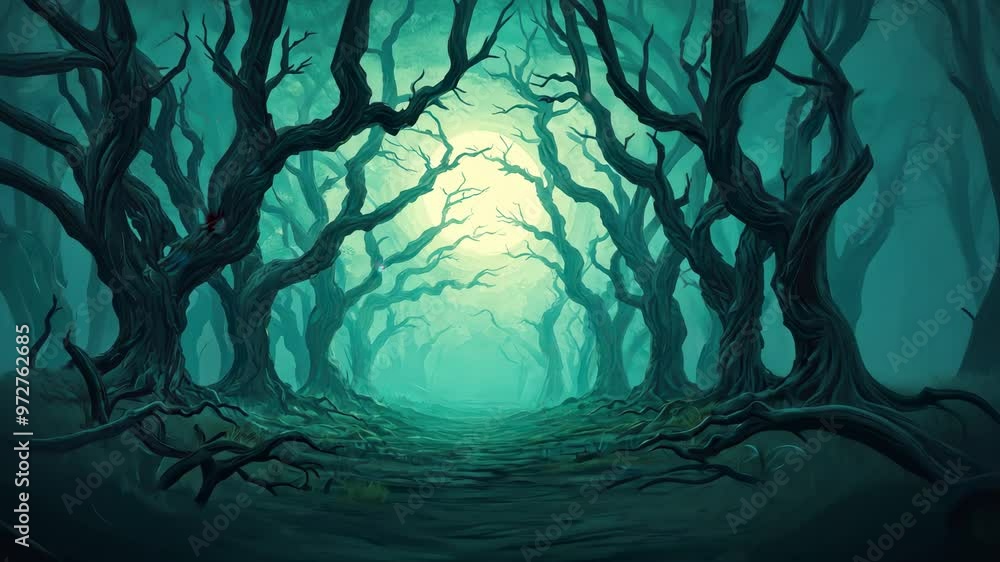 Poster mysterious forest with twisted trees and ethereal light.