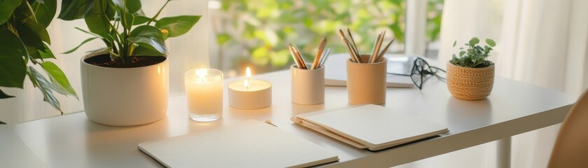 Obraz premium Cozy Home Office Desk with Plants, Candles, and Notebooks in Natural Light