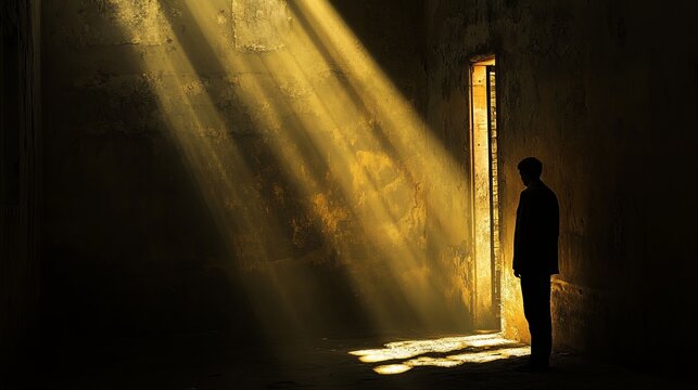 A moody image of a man standing in a dim, atmospheric setting with rays of sunlight streaming in through an open gap, creating a dramatic and introspective ambiance.
