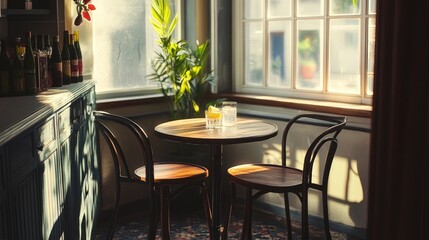 A small round bistro table with two chairs, fitting perfectly into a sunlit corner of a compact urban kitchen