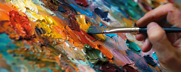 Obraz premium A close up of an artists palette covered in vibrant colors, showcasing rich textures and hues of paint. brush glides smoothly, capturing essence of creativity and passion