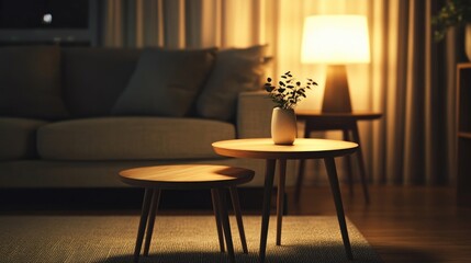 A space-efficient nesting table set, stored neatly in a small living room with contemporary furniture and soft lighting