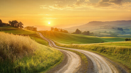 A tranquil countryside scene at sunrise, with a dirt road winding through rolling hills and the sun rising in the distance.