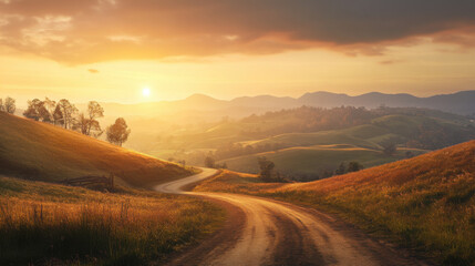 A tranquil countryside scene at sunrise, with a dirt road winding through rolling hills and the sun rising in the distance.