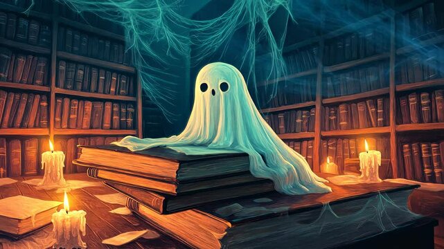 A whimsical ghost sits atop a stack of books in a dim, candlelit library, surrounded by cobwebs and an air of mystery.