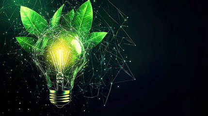 Vector illustration of light bulb with green plant, lines and triangles, particle design, modern and sustainable energy concept