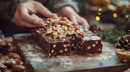 Preparing homemade Christmas fudge with chocolate, nuts, and festive packaging, ready for gifting. 4K hyperrealistic photo.