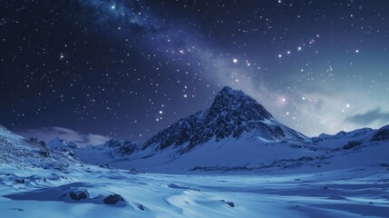 A peaceful view of stars above a snow-covered mountain, with a soft glow of aurora borealis dancing across the horizon.