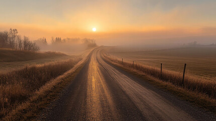 Naklejka premium A quiet country road at sunrise, with the sun rising above the horizon and the landscape bathed in soft, warm light.