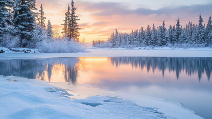 Fototapeta premium A peaceful sunrise over a frozen lake, with the ice reflecting the soft colors of dawn and snow-covered trees in the background.