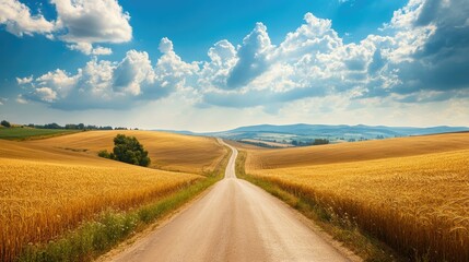 A scenic countryside road leading through rolling fields of golden wheat, with a clear blue sky and puffy white clouds overhead, stretching towards the horizon.