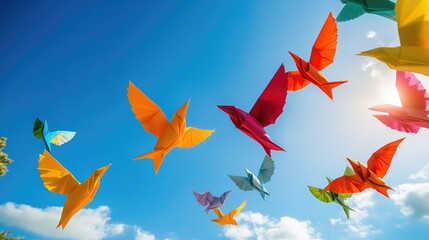 Obraz premium Colorful origami birds flying in a bright blue sky with a few white clouds.