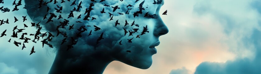 Obraz premium Surreal Digital Art of a Woman's Profile Transforming into a Flock of Birds Against a Dreamy Sky