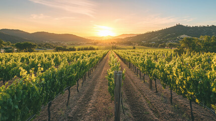 Fototapeta premium A tranquil sunrise over a vineyard, with rows of grapevines illuminated by the soft morning light and the distant hills glowing.