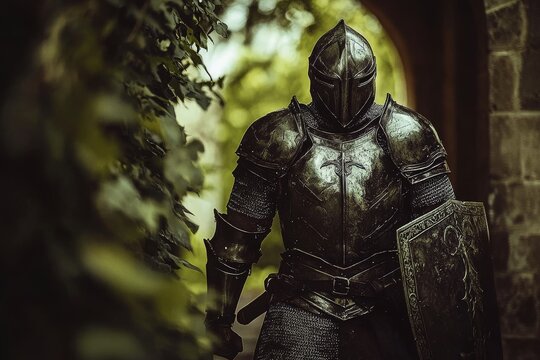 The walking knight in armor and helmet was created using generative stock