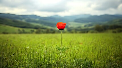 A single red poppy standing tall in a field of green grass, its vibrant color starkly contrasting with the surrounding landscape.
