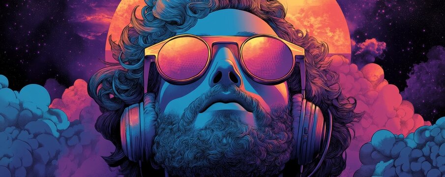 Apollo's Cosmic Groove: Mythological DJ Poster Design with Sunglasses, Headphones & Modern Music Elements