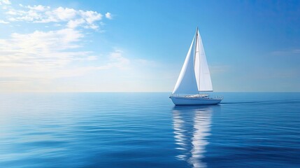 A sleek white sailboat gliding across calm blue waters under a clear sky, with sails fully raised and catching the wind. The horizon stretches endlessly in the distance.